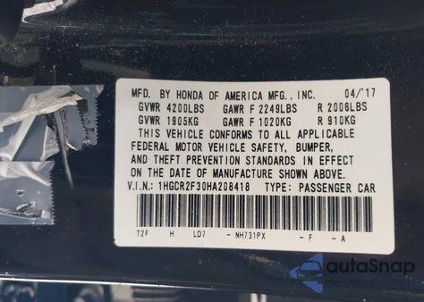 2017 Honda Accord Lx из США, поврежденный, VIN 1HGCR2F30HA208418